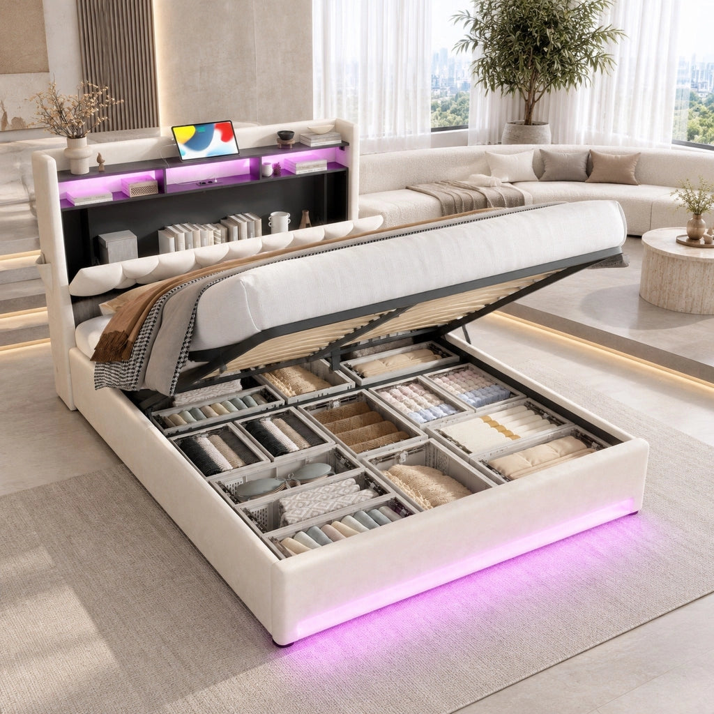 Letto contenitore 160x200 beige in velluto con LED, USB, Type-C e materasso
