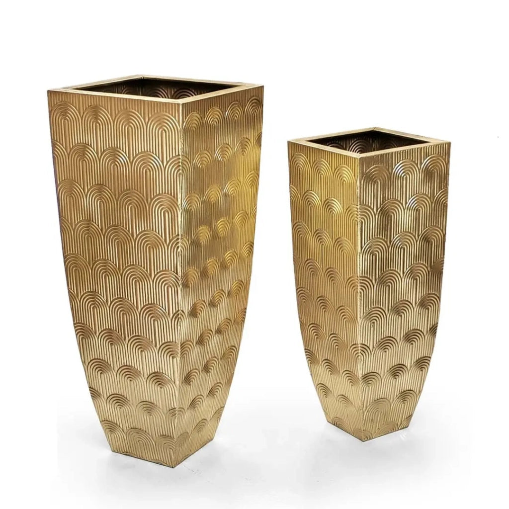 Set 2 vasi in ferro colore oro cm 32x32x83h e cm 40x40x99h