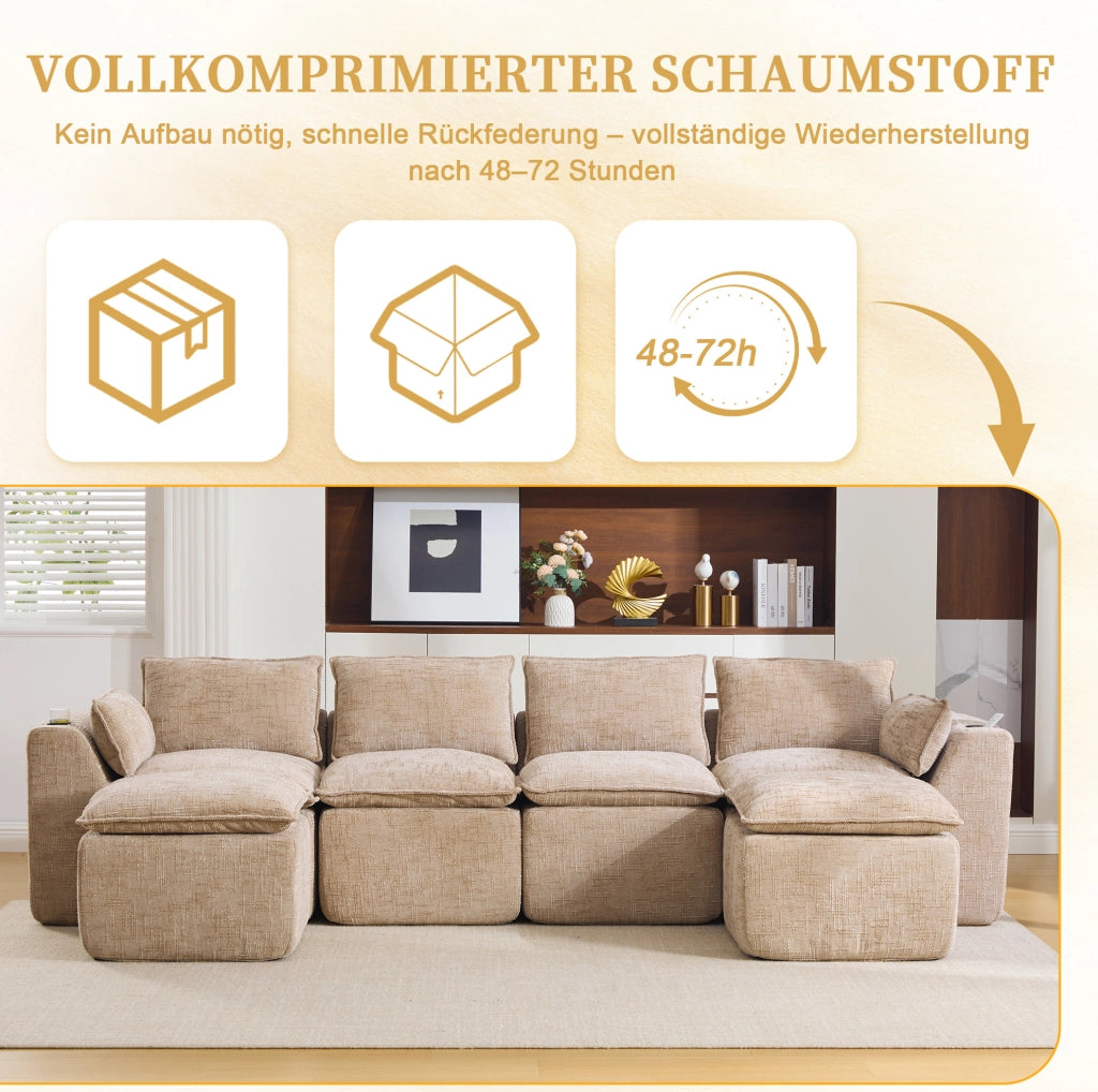 Divano modulare in ciniglia color kaki con pouf e cuscini