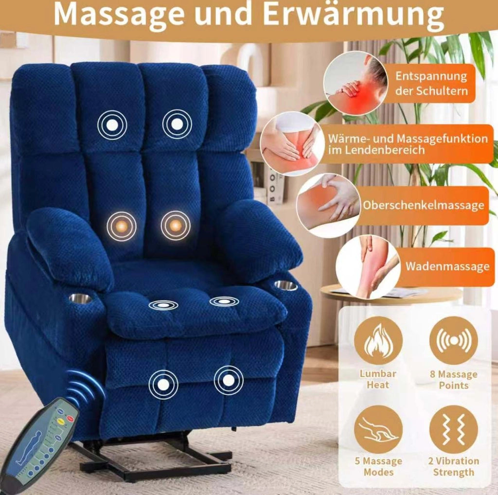Poltrona elettrica blu con alzata assistita, massaggio e riscaldamento
