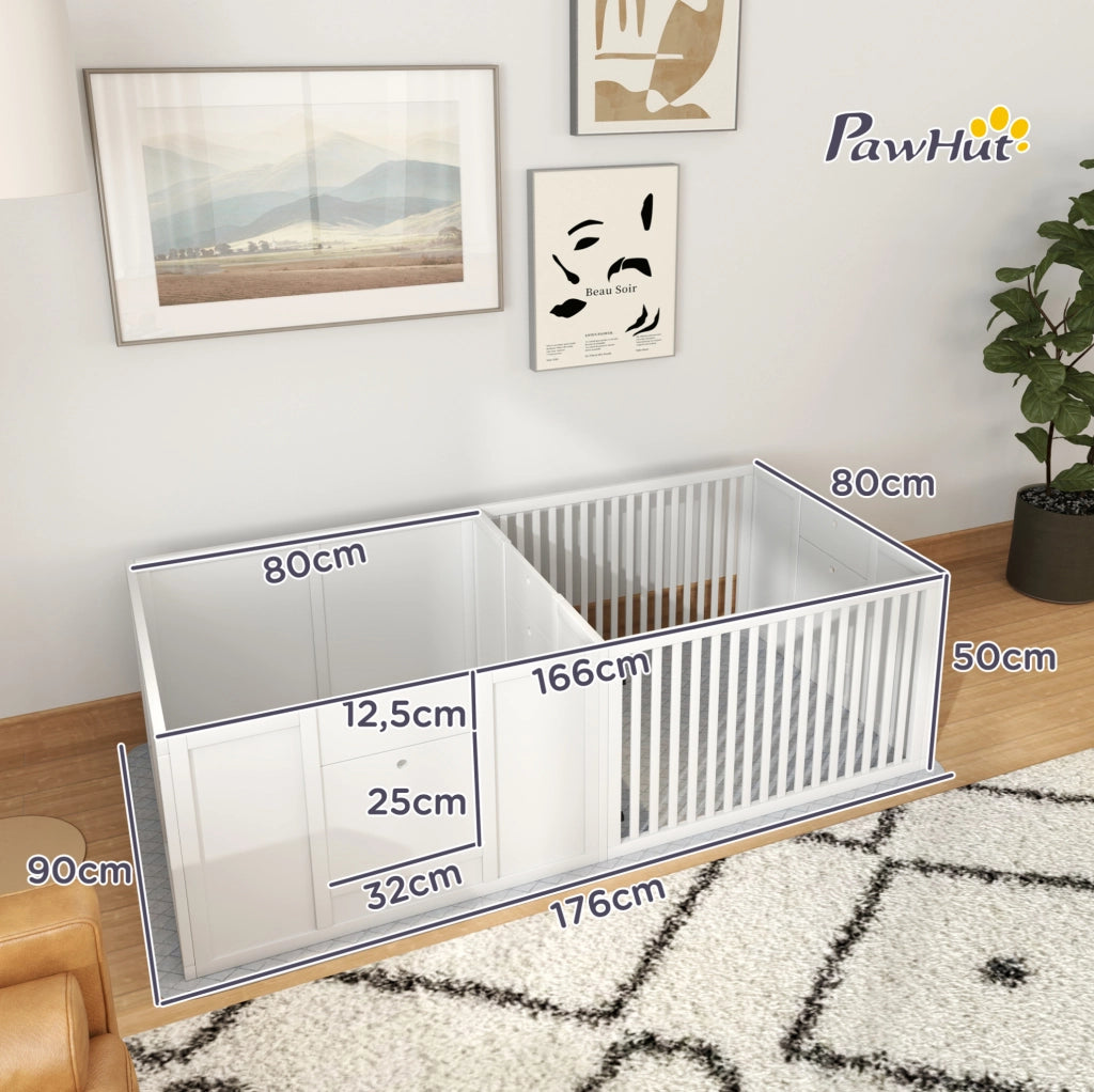 Cassa parto per cuccioli 176x80x50 cm in MDF bianco con porta regolabile
