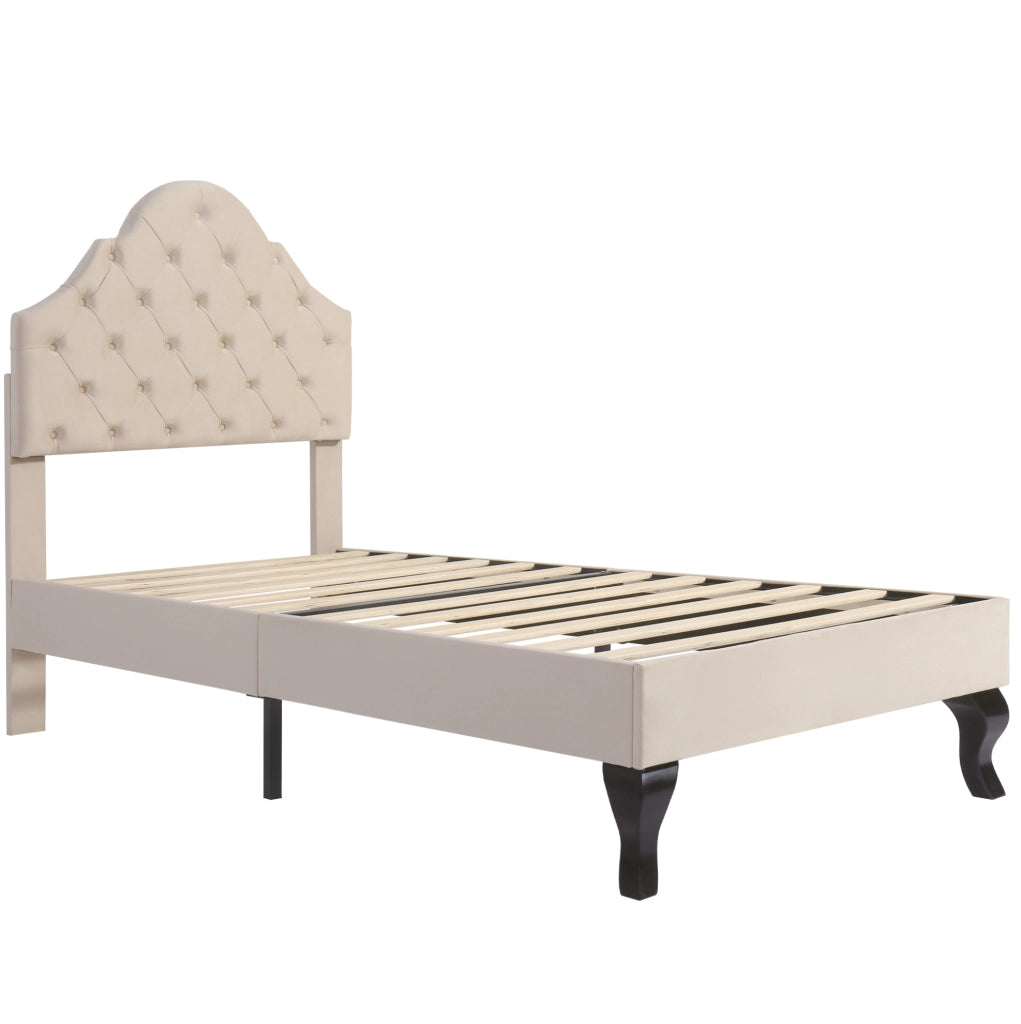 Letto singolo imbottito 90x200 cm con testata regolabile in altezza, rete a doghe in legno, velluto beige