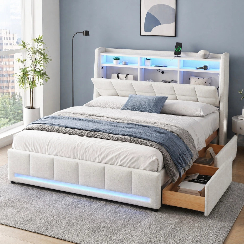 Letto imbottito 140 × 200 cm in lino beige con LED regolabile tramite app porta USB e due cassetti