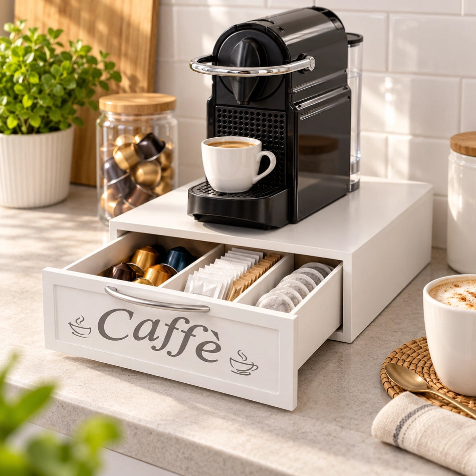 Cassetto Porta Cialde Caffè Bianco 30x30x10 cm Organizer con Scritta 2 Colori