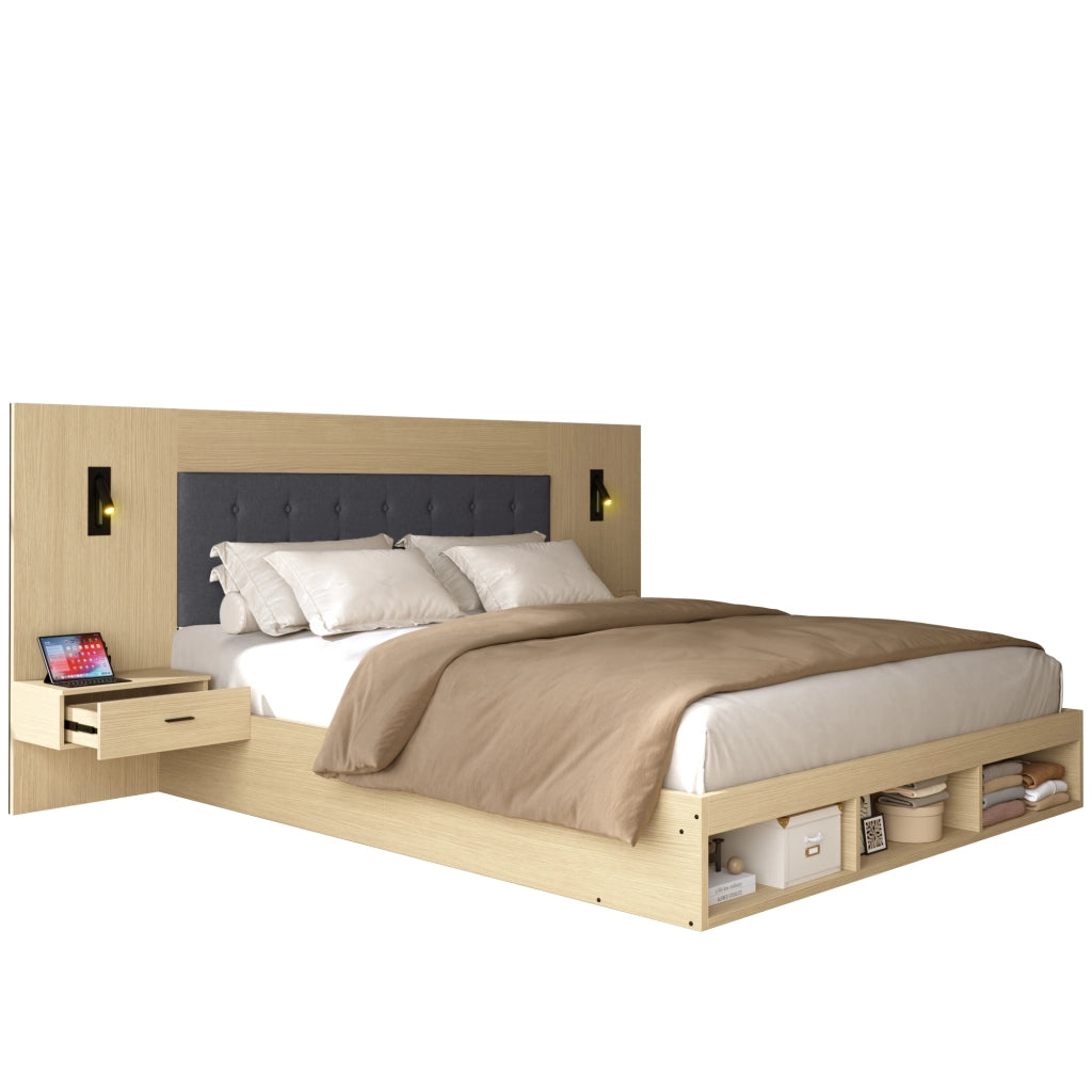Letto matrimoniale 160 × 200 cm in MDF rovere chiaro con comodini USB Type C lampade e vani contenitore
