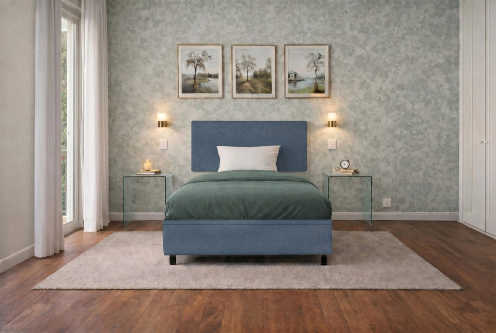 Letto Singolo Contenitore Imbottito 80x200 cm Microfibra Blu BoxMax Testata Flat