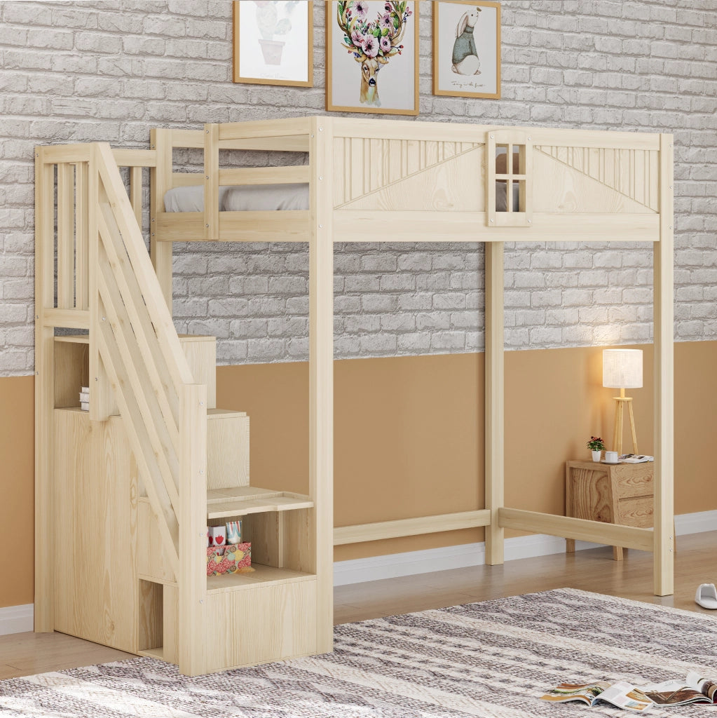 Letto a soppalco in legno massiccio 90 x 200 cm con scala di sicurezza reversibile e spazio multifunzionale