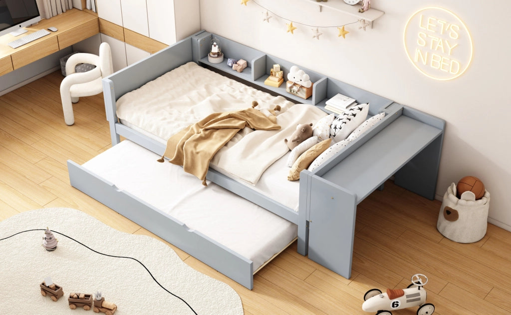 Letto singolo 90x200 cm in pino e MDF con letto estraibile, scrivania integrata e tre scaffali laterali grigio