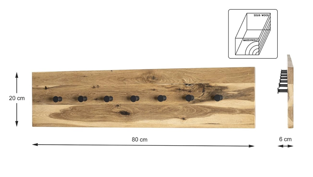 Appendiabiti da parete in legno di quercia oliato, con 7 ganci, 80 cm