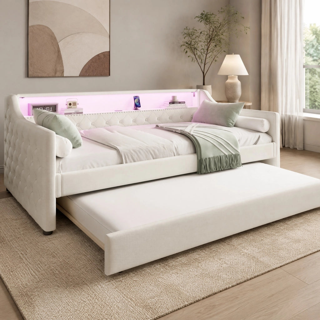 Daybed con rete a doghe 90x200 cm, divano letto con LED integrati e porta USB, lino beige, con letto estraibile