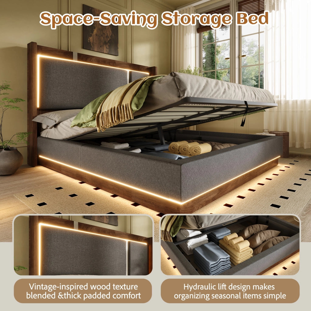 Letto con contenitore 180 ¡Á 200 cm con LED e rete a doghe in legno e metallo rivestito in lino beige e noce
