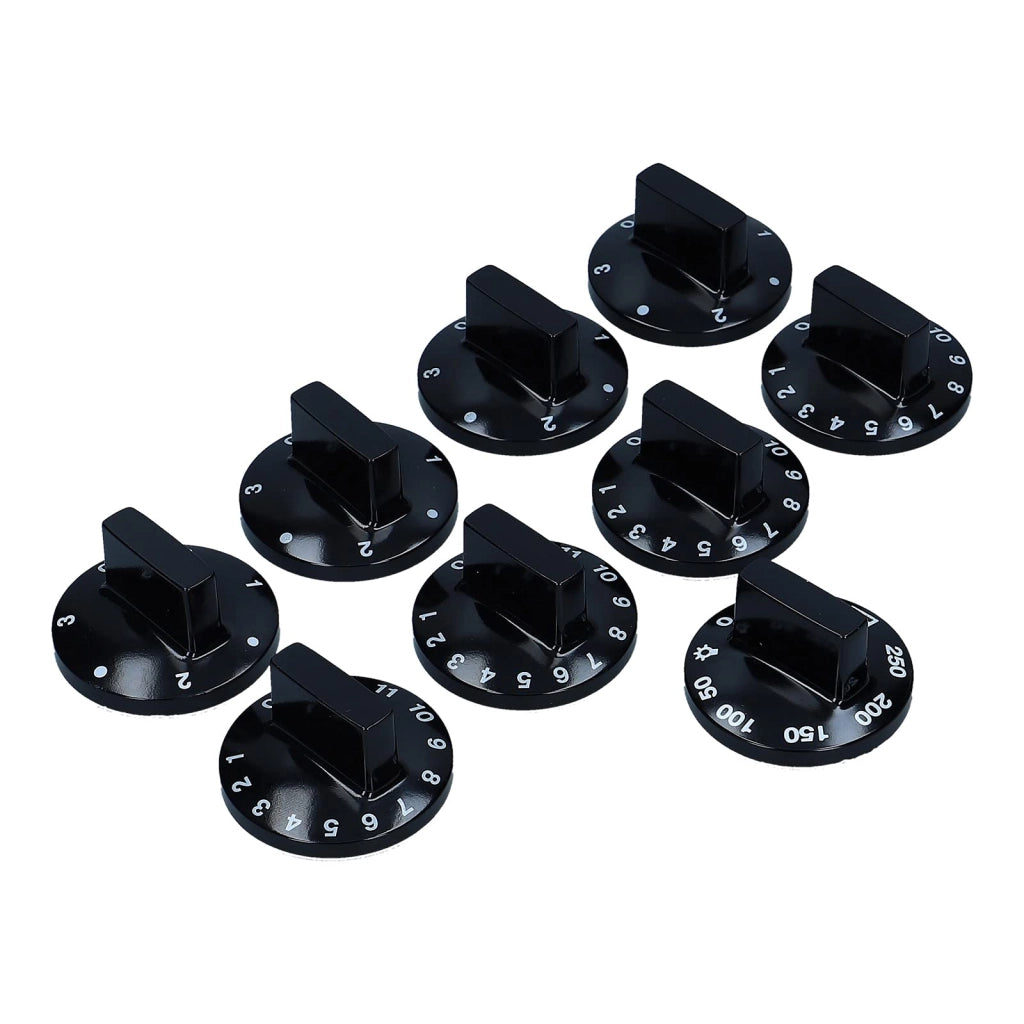 Set di 9 elementi per manopole, colore nero, diametro 52 mm, materiale plastico, asse da 6/4,6 mm