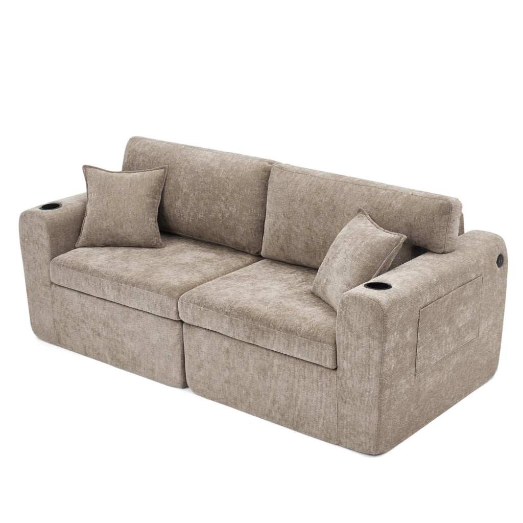 Divano relax 2 posti in ciniglia marrone con ricarica USB