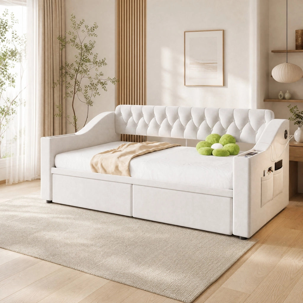 Divano letto 214,5x96x78,5 cm con contenitore, cassetti e USB in velluto beige per piccoli spazi, moderno