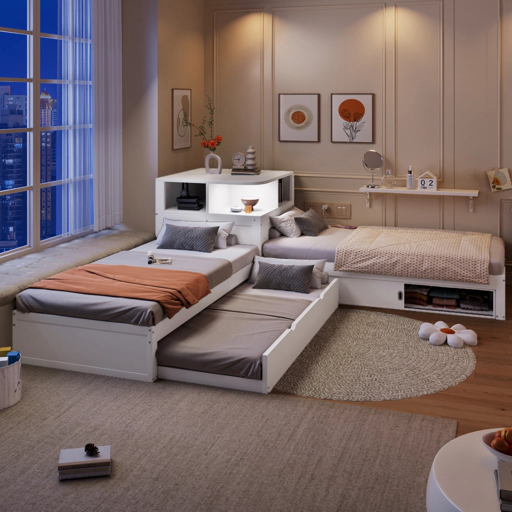 Letto singolo a piattaforma 90 × 200 cm con letto estraibile in MDF e legno bianco con luce LED e ante scorrevoli