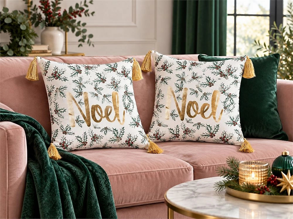 Set di 2 cuscini sparsi in cotone bianco oro 45 x 45 cm Motivo natalizio Nappe Accessori Decorazione festiva