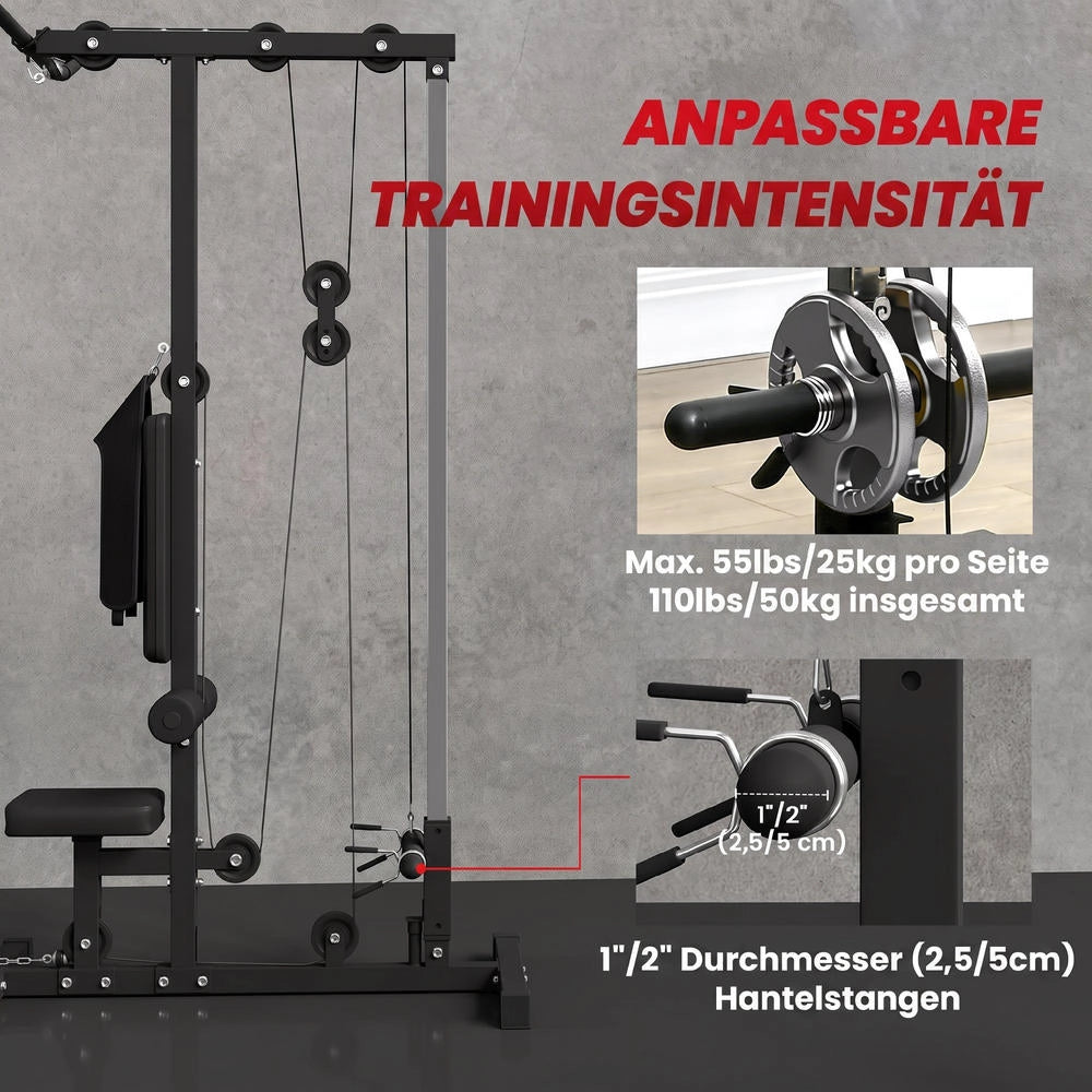 Stazione multifunzione lat machine per casa, attrezzo fitness in acciaio ed ecopelle per trazioni e rematore, regolabile e robusto, nero