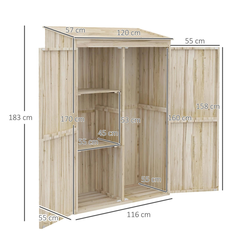Casetta da Giardino in Legno di Abete Naturale con 2 Porte e Ripiani per Attrezzi da Giardino, Robusta e Resistente, 120x57x183cm