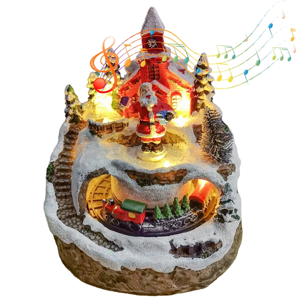 Villaggio natalizio illuminato, con musica e trenino, realizzato in resina, dimensioni 12x12x14 cm