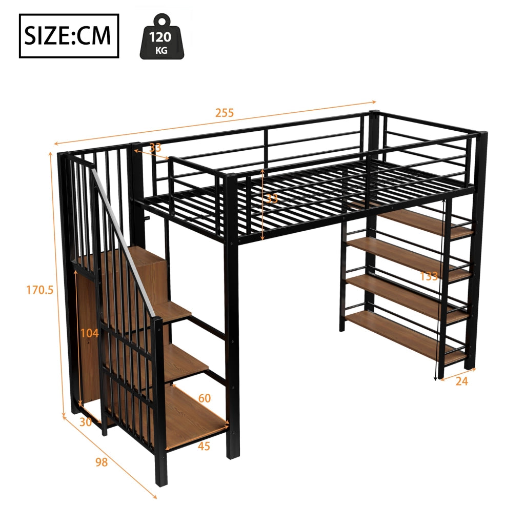 Letto a soppalco singolo 90 × 200 cm con scala contenitore guardaroba ripiani in metallo nero per bambini