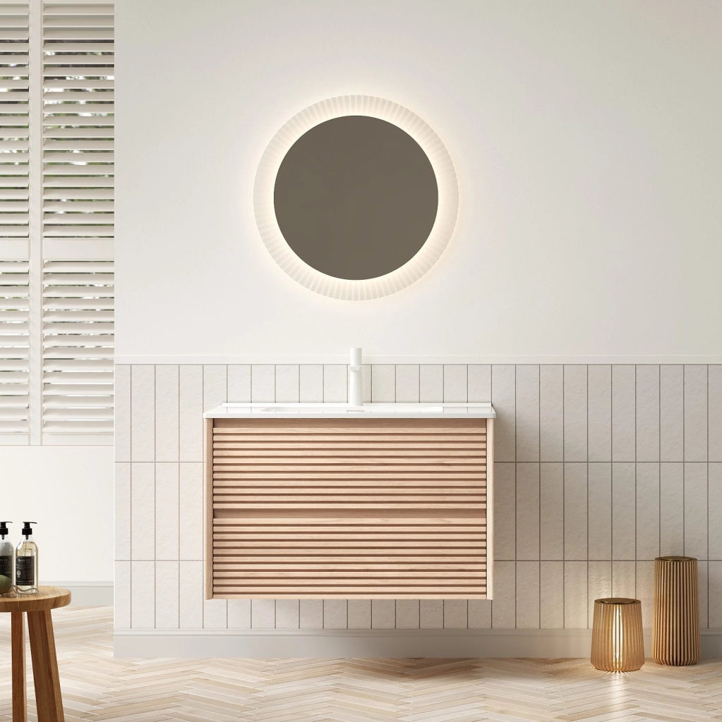 Mobile bagno da parete 81 cm con lavabo in ceramica bianca e armadietto in compensato effetto noce con 2 cassetti soft-close