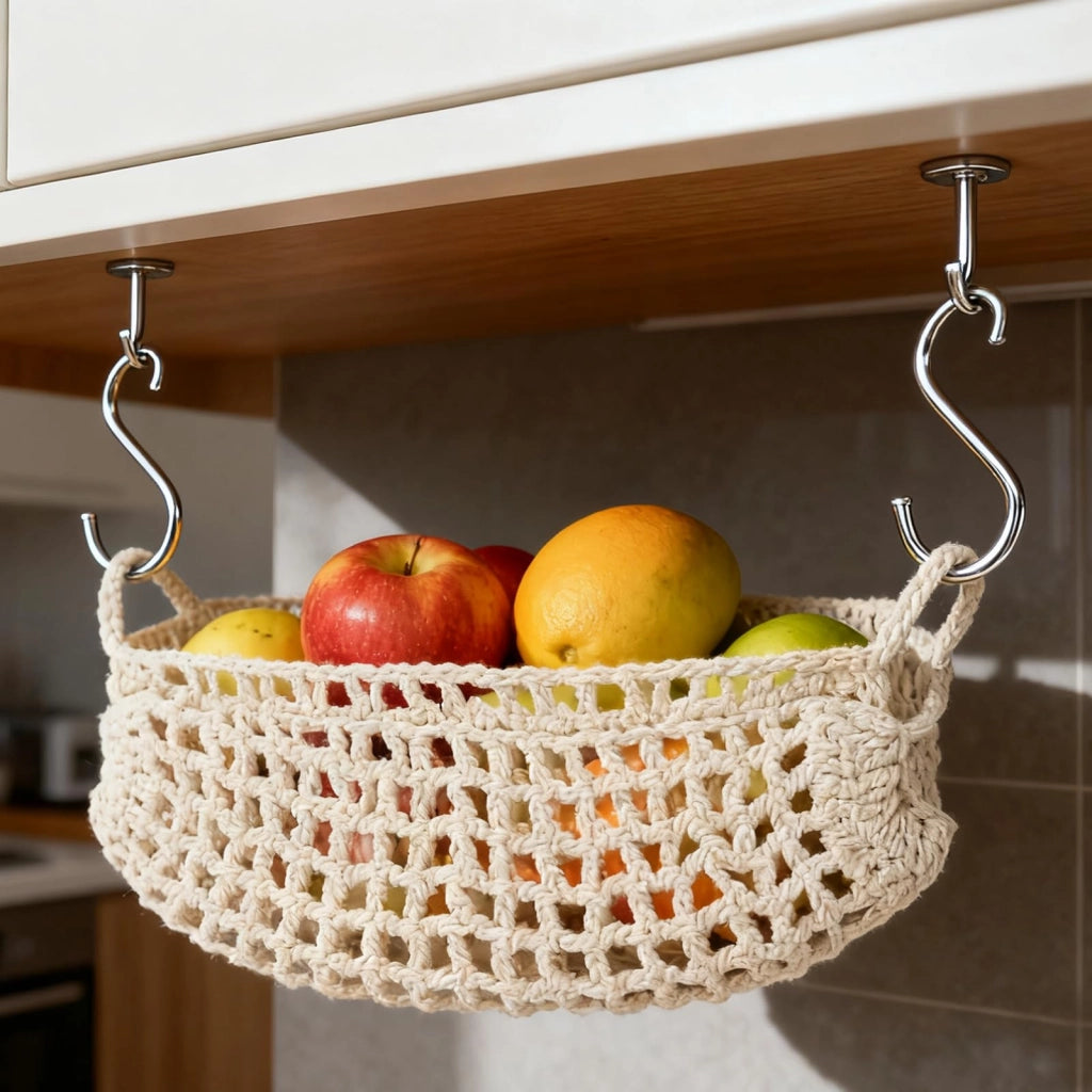 Cesto per frutta da appendere, realizzato in cotone e con tecnica macramé, dimensioni 45x32 cm, con gancio