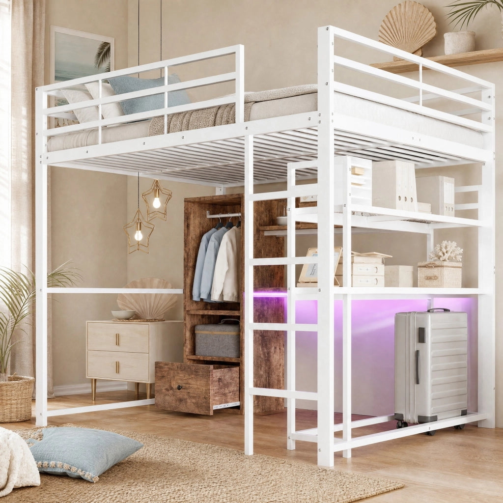 Letto a soppalco 140 × 200 cm con scrivania; cassetto; ripiani e LED; bianco