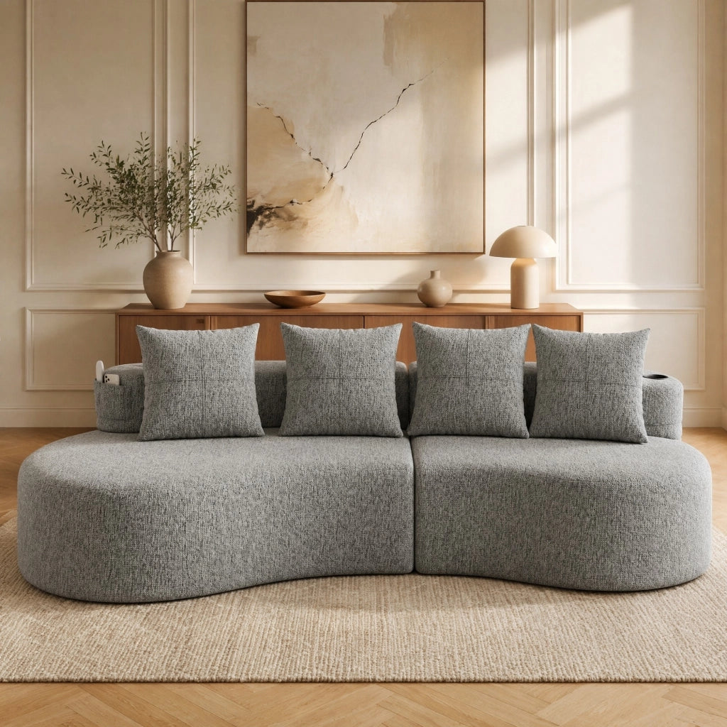 Divano 4 posti 240x109x63 cm in lino grigio chiaro, portabicchieri e tasche