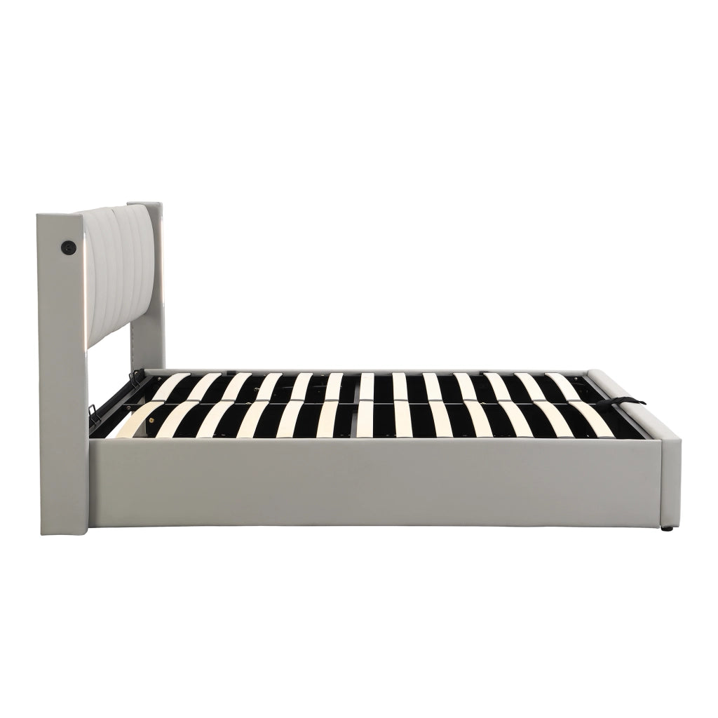Letto imbottito 140 x 190 cm con contenitore sottoletto; LED e testiera regolabile; PU grigio