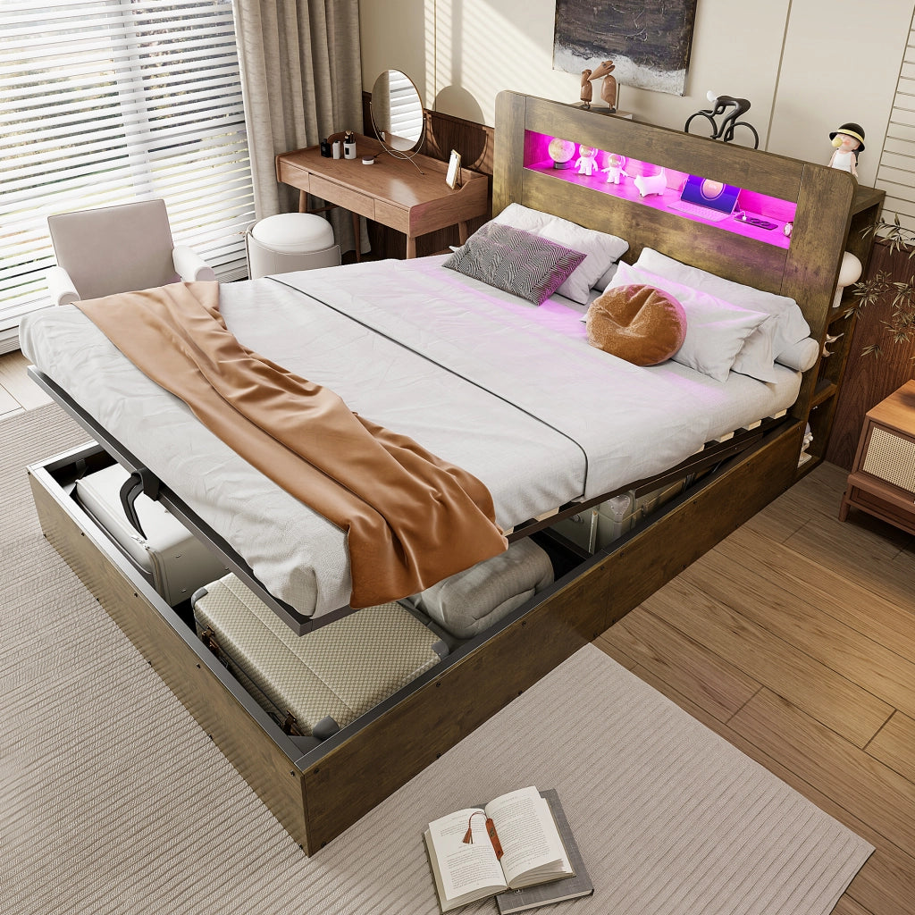 Letto contenitore 140 × 200 cm con sollevamento idraulico testiera con LED prese e vani in legno vintage