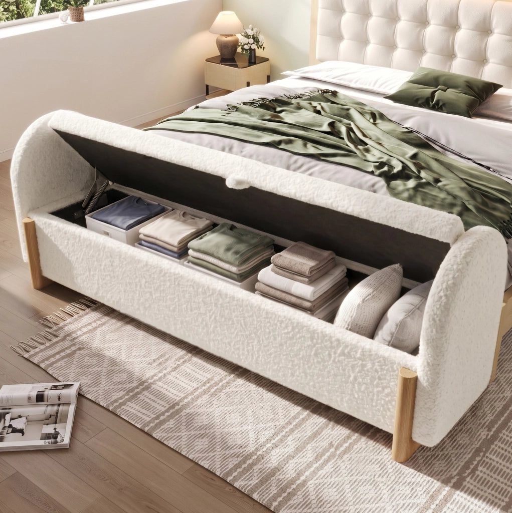 Panca contenitore bianca 146 cm con rivestimento bouclé