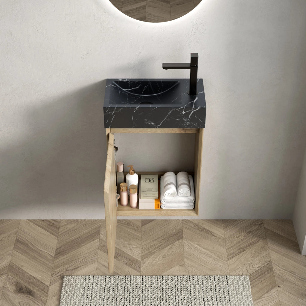 Mobile bagno con lavandino in marmo nero 40 cm, mobile in multistrato con porta in legno di rovere bianco effetto venatura