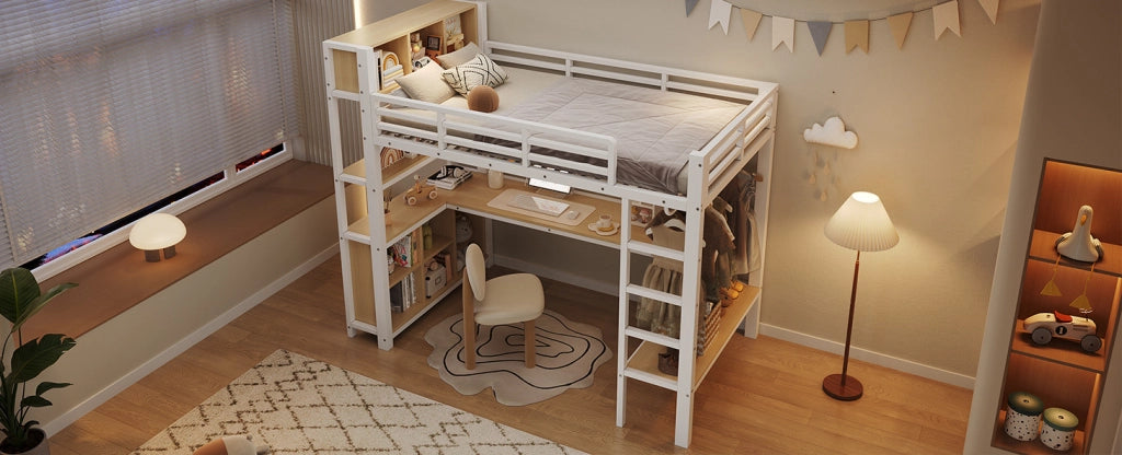 Letto a soppalco 90x200 cm con scrivania, appendiabiti, scaffali e cassettiere, bianco, senza materasso