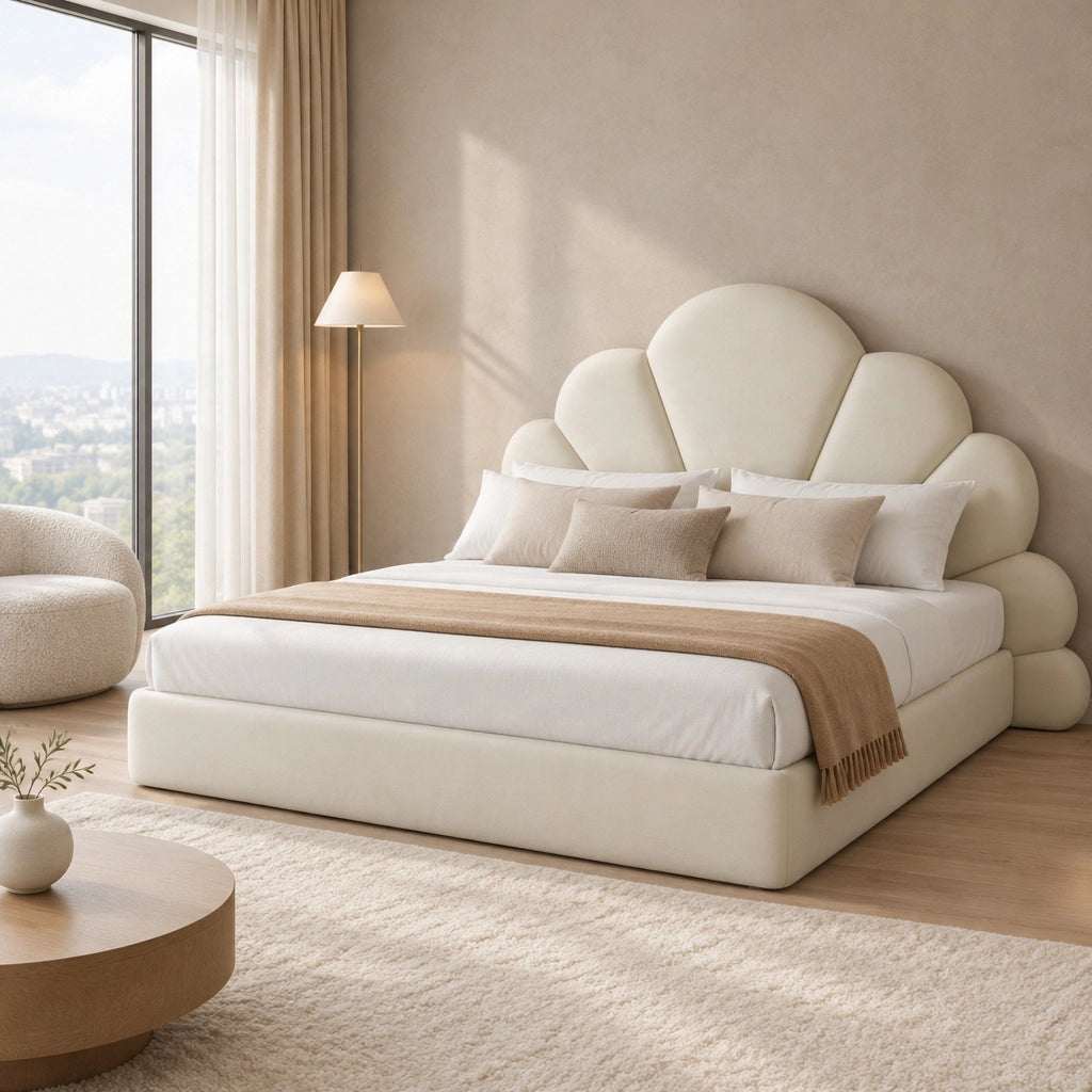 Letto imbottito 140x200 beige in velluto con testiera floreale e materasso