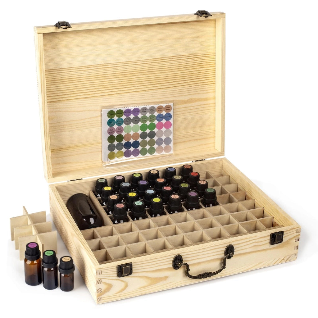 Organizzatore in legno per 80 flaconi di oli essenziali, dimensioni 35,5 x 28 x 9,5 cm