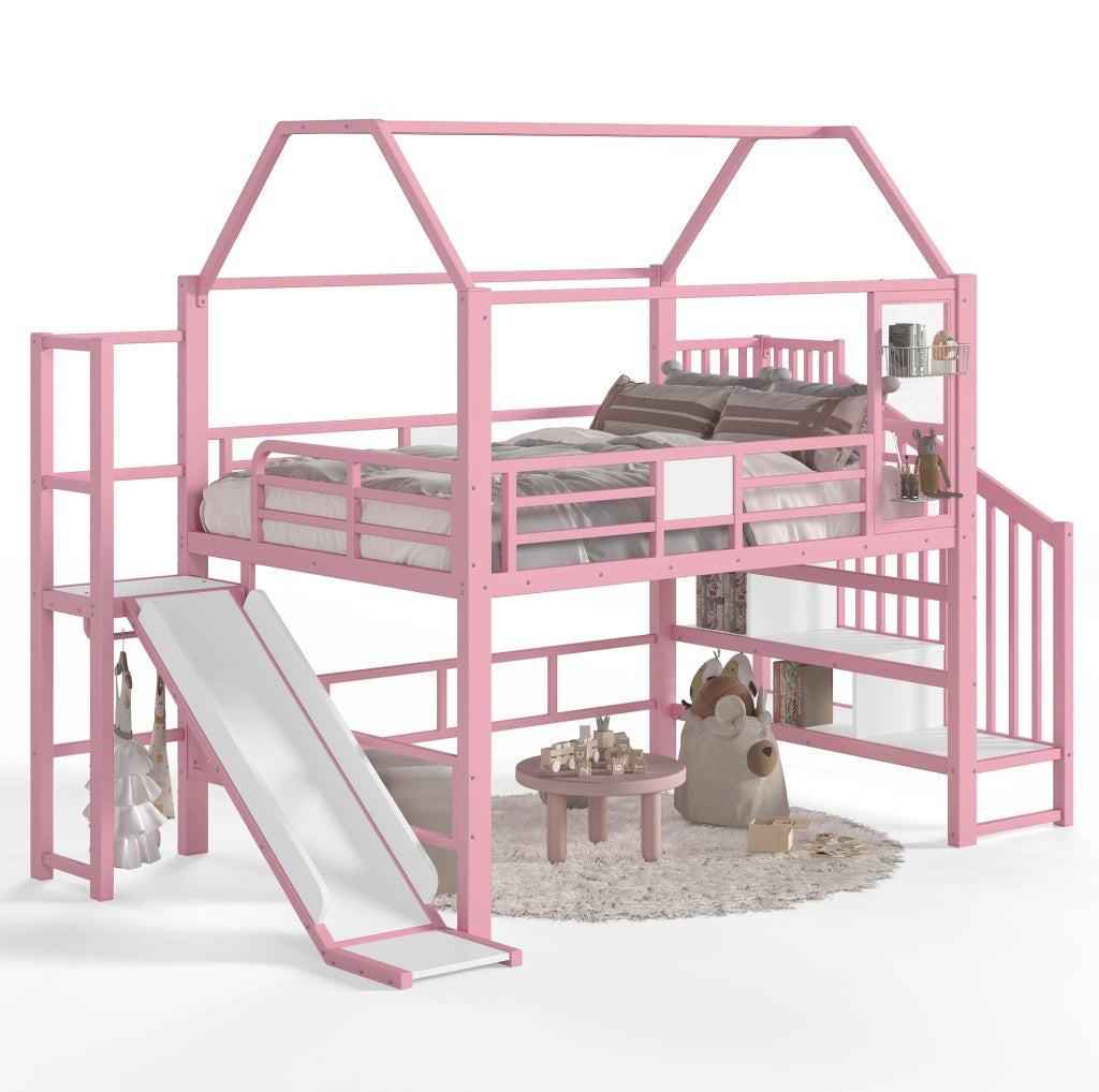 Letto a soppalco rosa a casetta con scivolo e scala