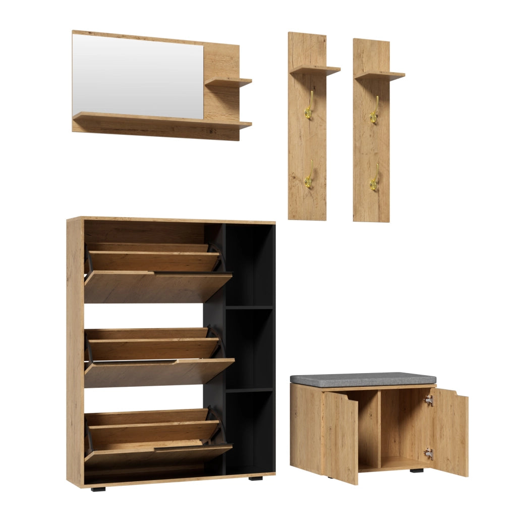 Set ingresso con specchio, appendiabiti, scarpiera e panca 150 cm