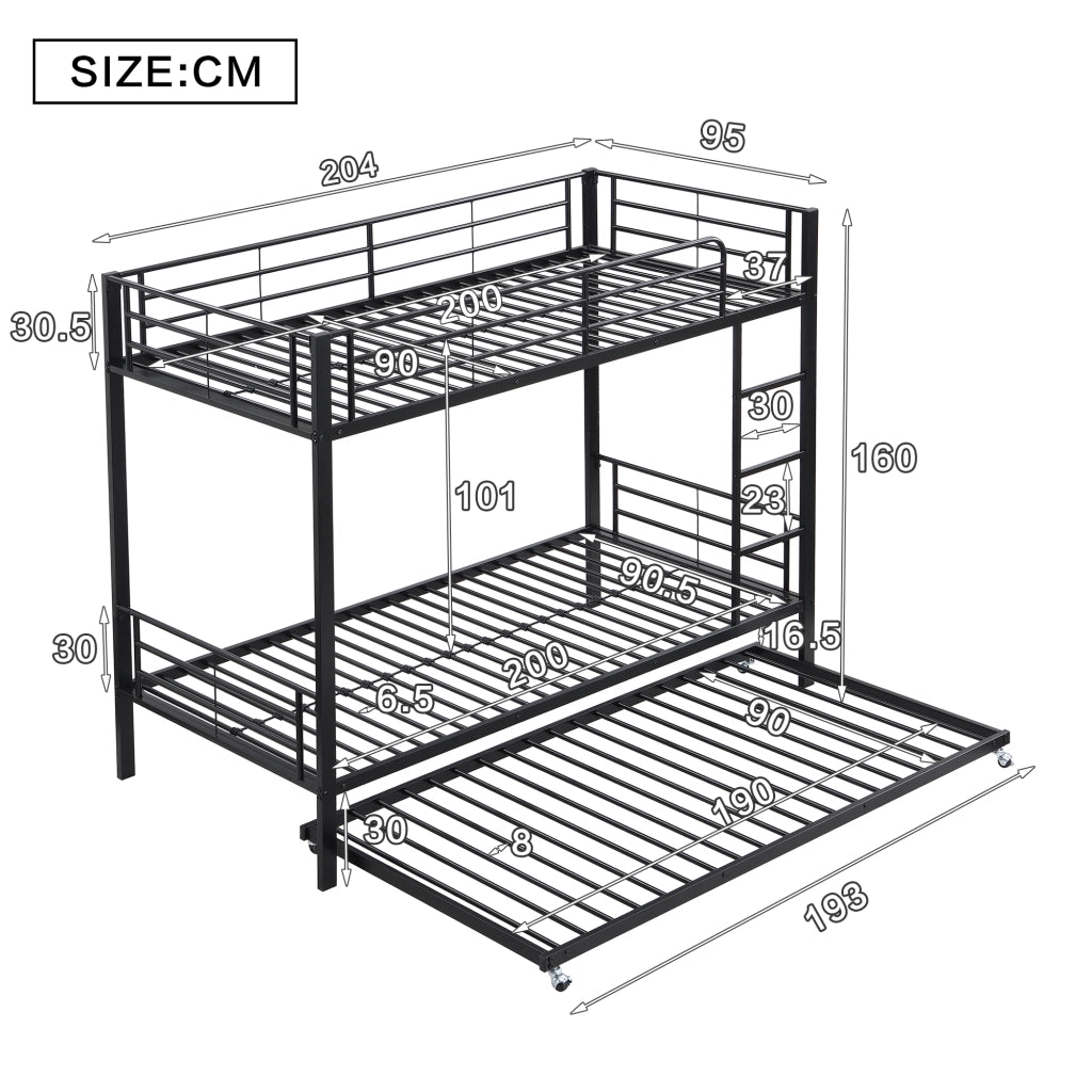 Letto a castello con letto estraibile in metallo nero 90 × 200 cm e 90 × 190 cm con scala a tre gradini