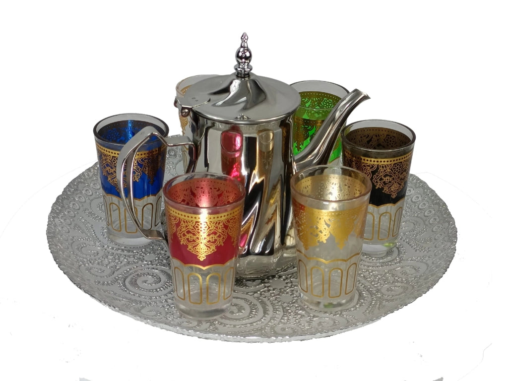 Set da tè marocchino con vassoio, teiera, 6 bicchieri, 9 pezzi