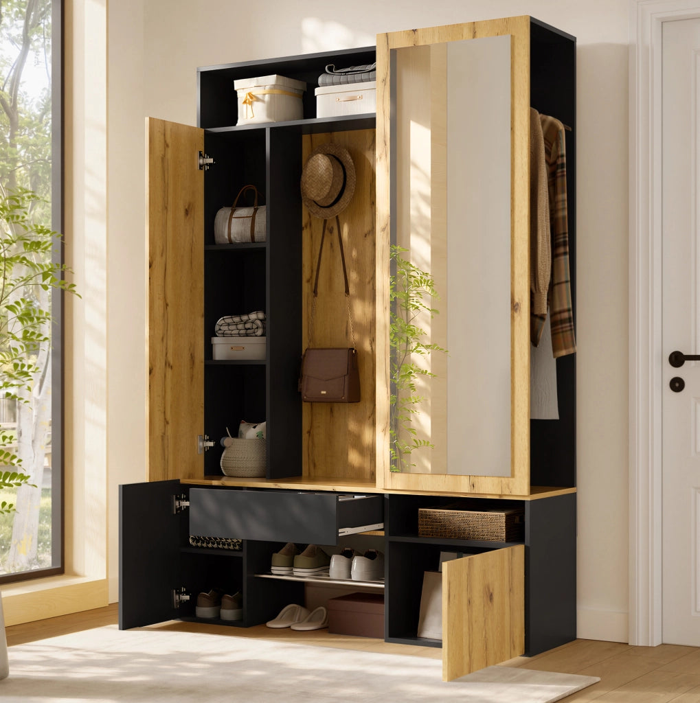 Mobile da ingresso in MDF con specchio e scarpiera nero e naturale