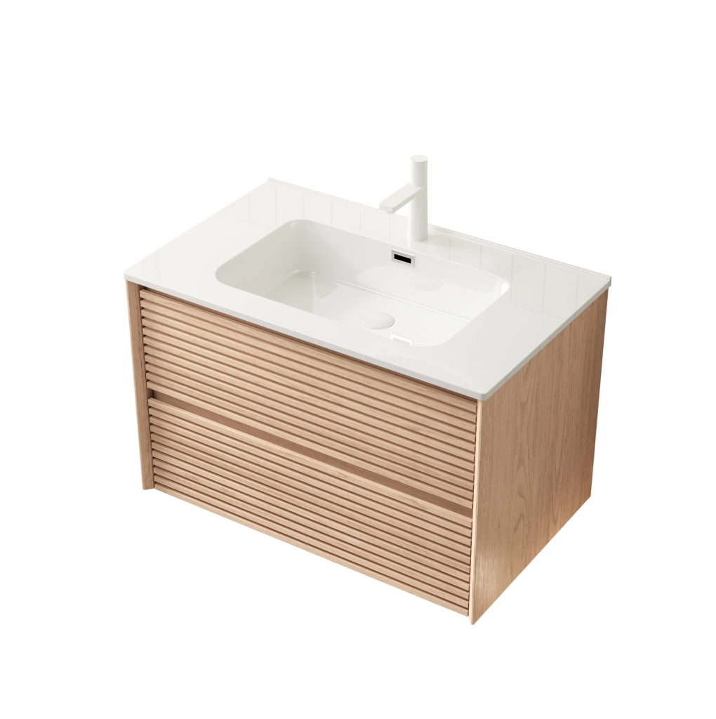 Mobile lavabo sospeso 81 cm bianco e naturale, doppio cassetto, preassemblato