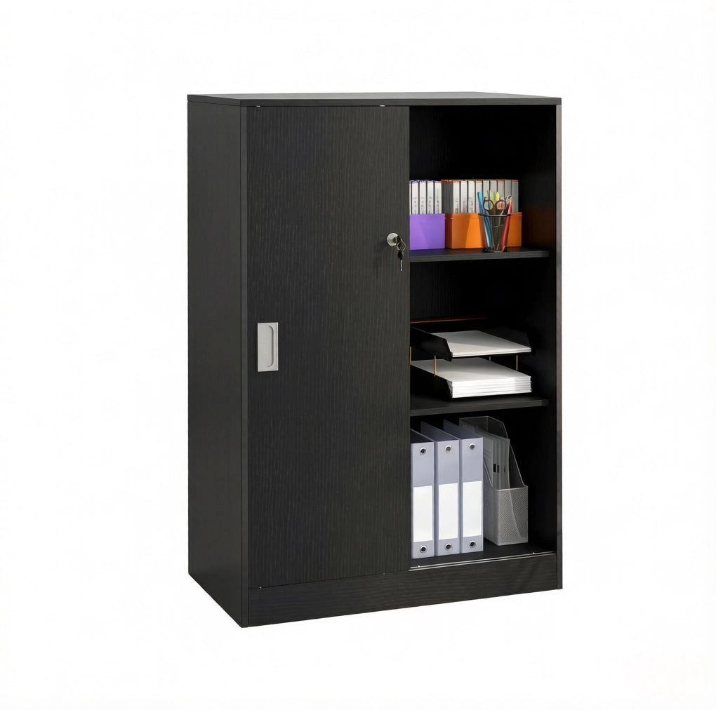 Armadio da ufficio nero con ante scorrevoli e serratura 80×40×120 cm