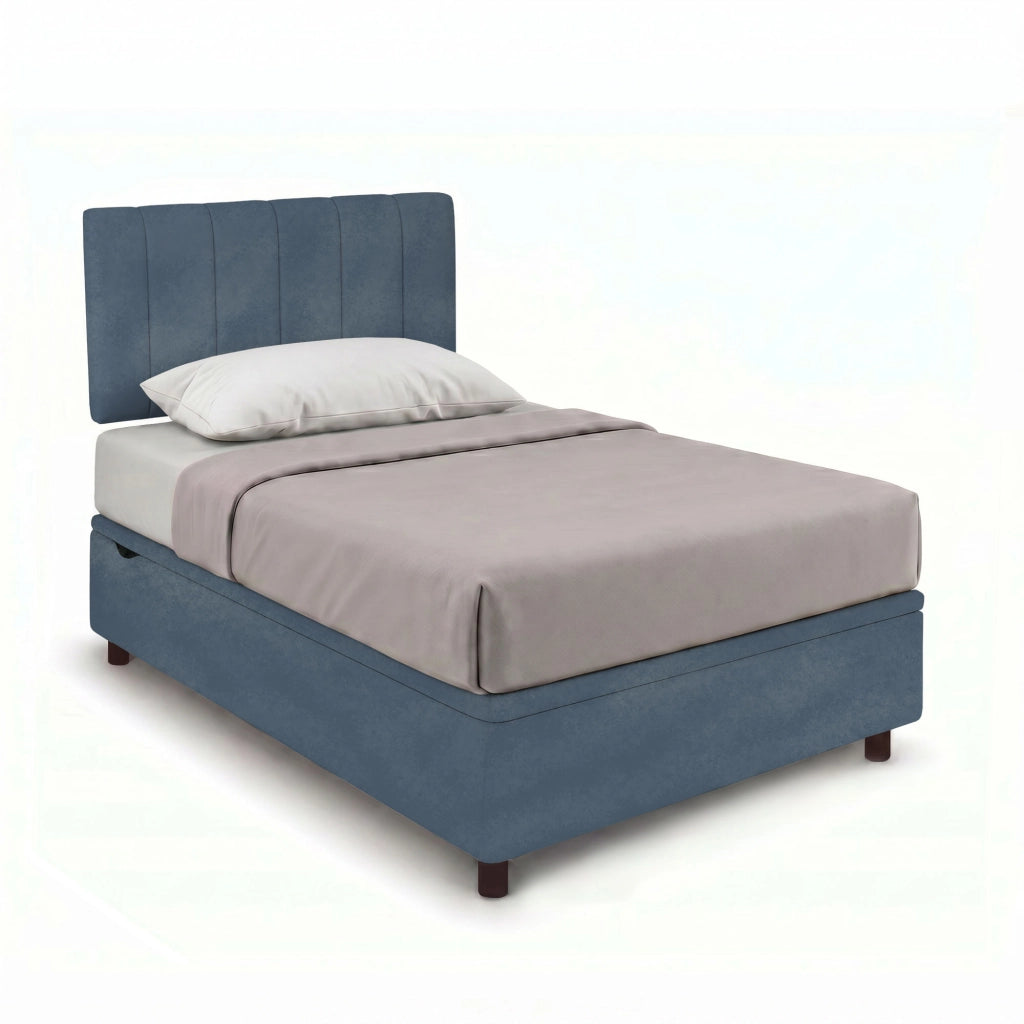Letto Singolo Contenitore Imbottito 80x190 cm Microfibra Blu BoxMax Testata Vertical