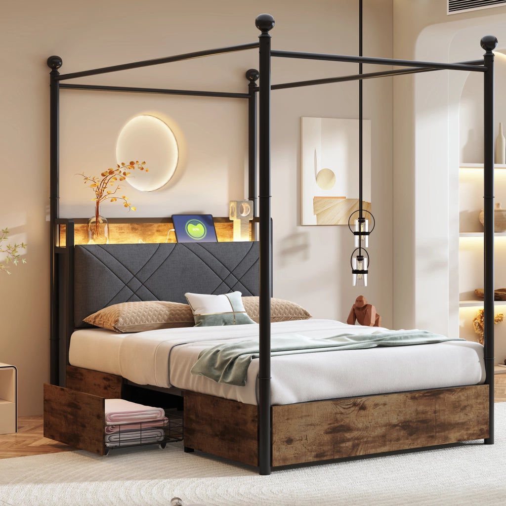 Letto singolo a baldacchino 90x190 nero con due cassetti