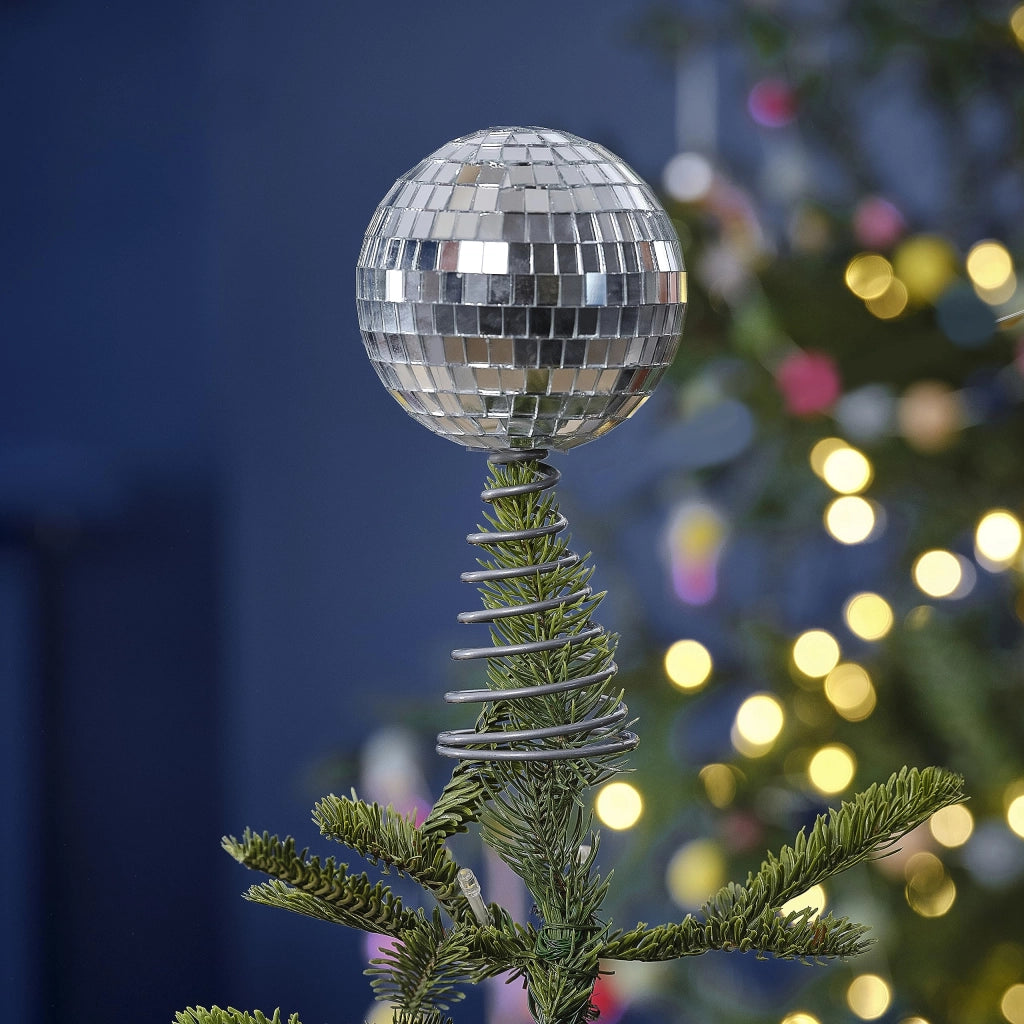 Puntale per albero di Natale a forma di sfera da discoteca, argento, 1 pezzo, 18 cm