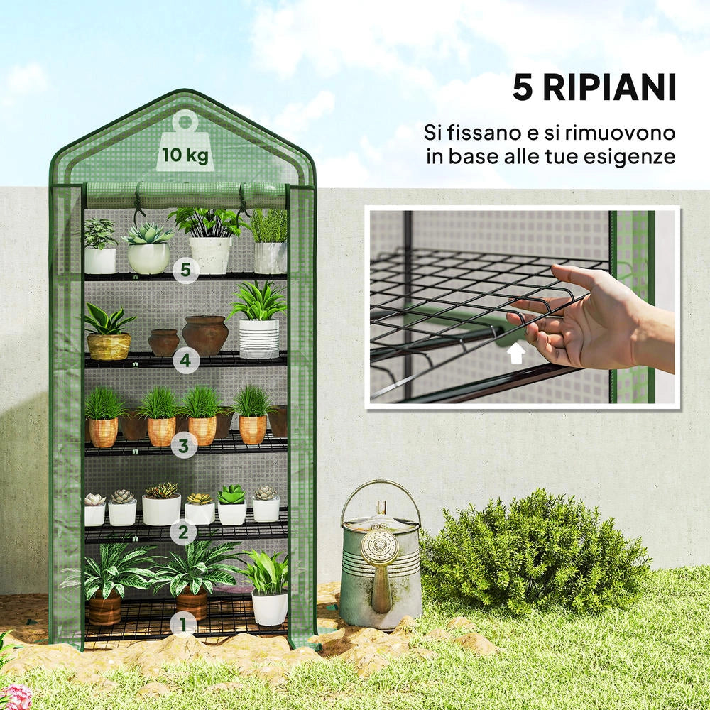 Serra a Casetta per Piante a 5 Livelli in Acciaio e PE con Telo Avvolgibile, per Giardino e Balcone, Verde, 90x49x193 cm