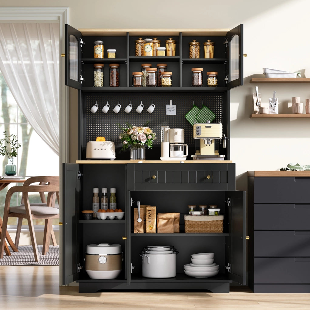Credenza alta nera con vetrina, ripiani regolabili e pannello forato, 103,5 x 40 x 180 cm