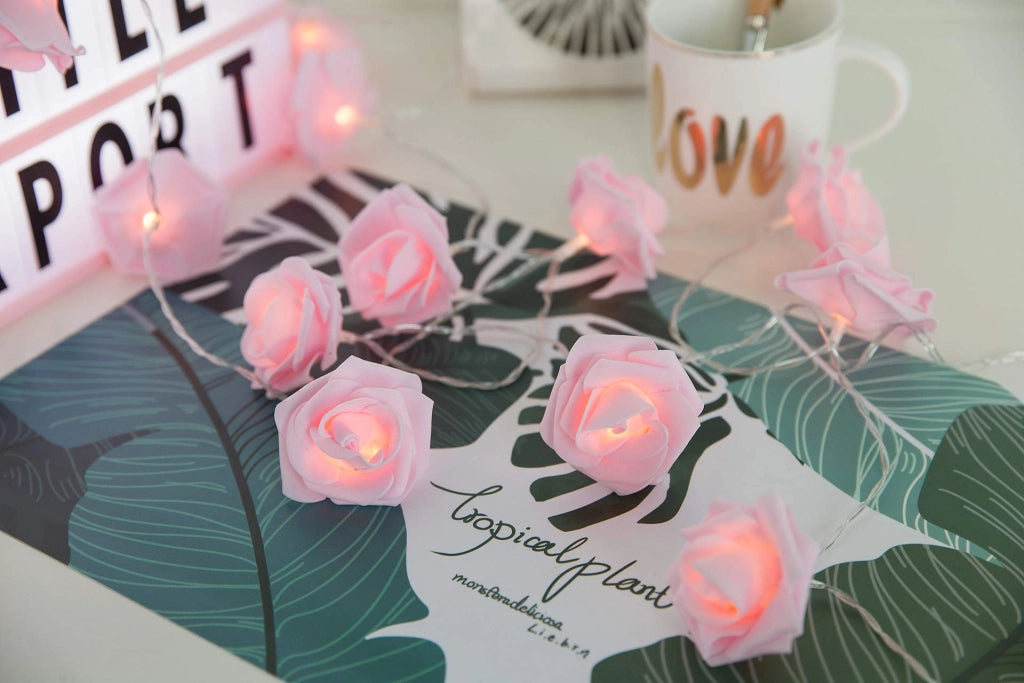 Catena luminosa a LED a forma di rosa, con 20 luci, lunghezza di 6,6 piedi, colore rosa, alimentata a batteria