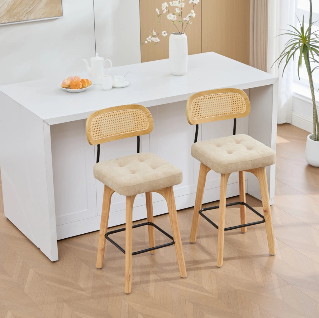 Sgabello da bar girevole 360° khaki in cheniglia e rattan