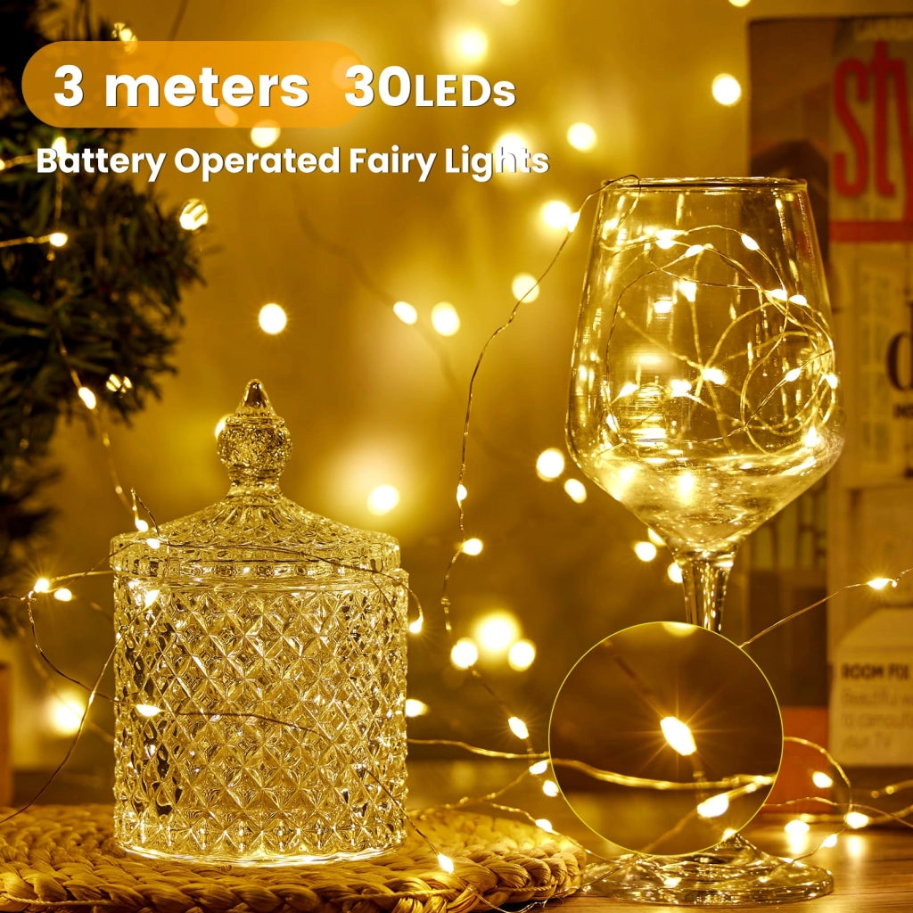 Catena luminosa a LED, lunghezza 3 metri, 30 LED, luce bianco caldo, con timer, grado di protezione IP65 (resistente all'acqua)